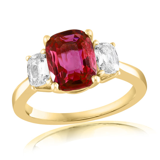 Maharaja Collection Round and Emerald Cut Diamond Ruby Center Stone Ring in 18K Yellow Gold (3.62ctw)