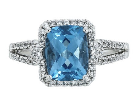 Maharaja Collection Halo Ring with Round Diamonds and Cushion Blue Topaz in 14K White Gold (2.91ctw)