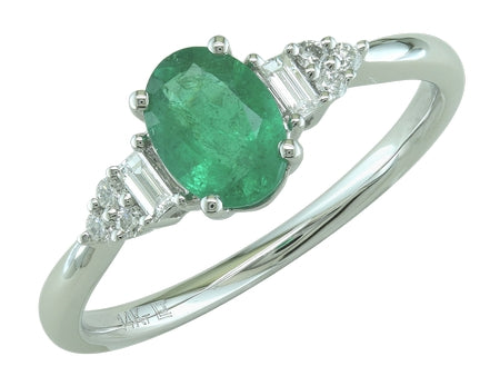 Maharaja Collection Oval Emerald Ring with Baguette and Round Diamond Side Stones in 14K White Gold (0.84ct)