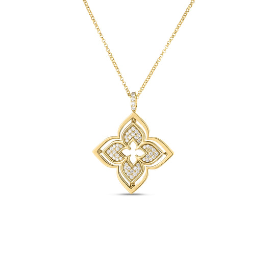 Maharaja Collection Round Diamond and Mother of Pearl Flower Necklace in 18K Yellow Gold (0.35ctw)