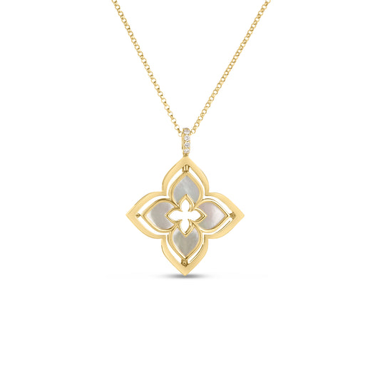 Maharaja Collection Round Diamond and Mother of Pearl Flower Necklace in 18K Yellow Gold (0.35ctw)