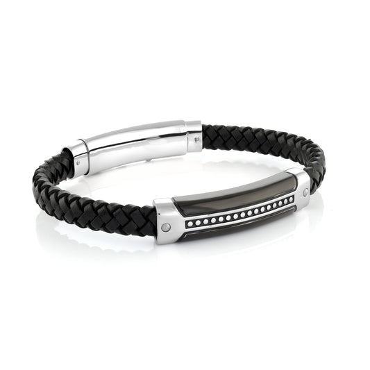 Maharaja Collection Black Leather and Stainless Steel Men's Adjustable Bracelet in Silver