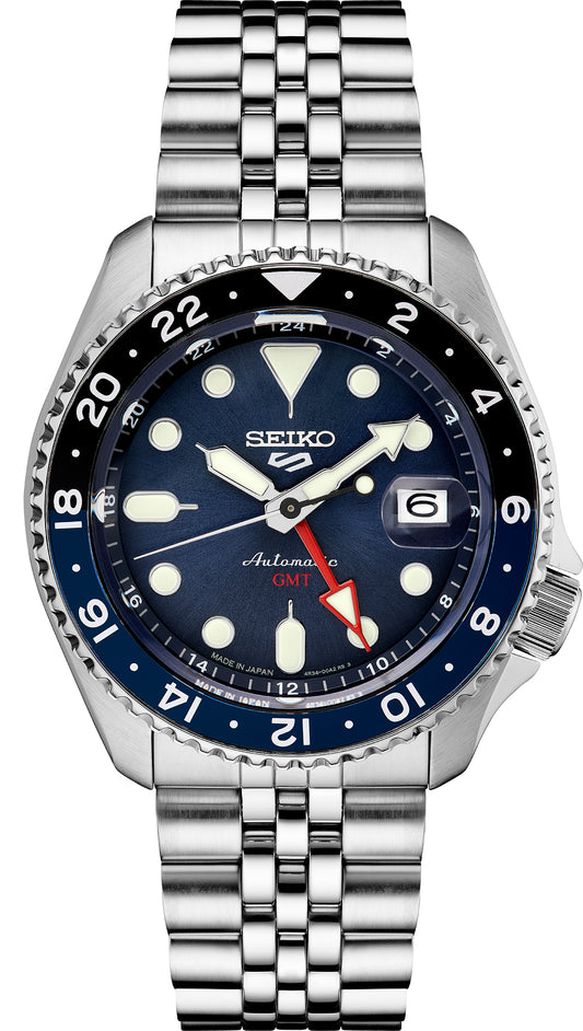 Seiko 5 Sports 40mm Blue Dial GMT Automatic Watch in Stainless Steel