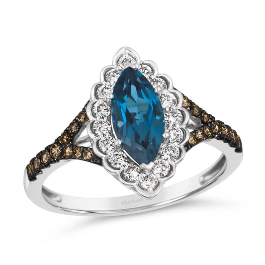 Maharaja Collection Deep Sea Blue Topaz and Chocolate Diamond Ring in 14K Vanilla Gold (1.47ct)