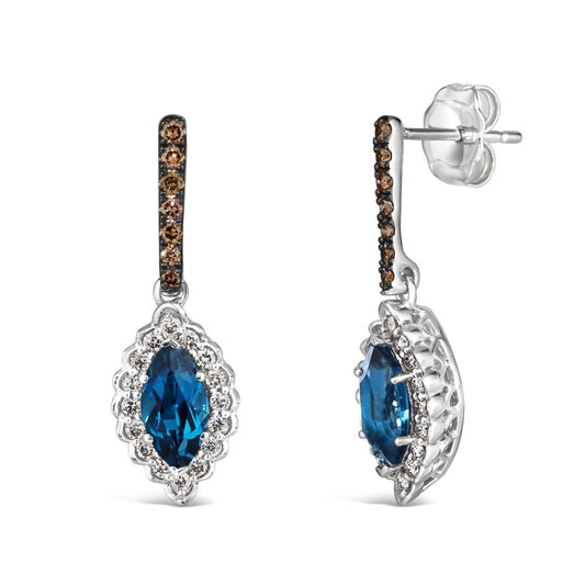 Maharaja Collection Deep Sea Blue Topaz and Chocolate Nude Diamond Earrings in 14K Vanilla Gold (1.36ct)