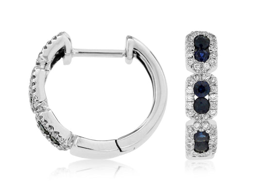 Maharaja Collection Round Sapphire and Diamond Huggie Earrings in 14K White Gold (0.53ctw)