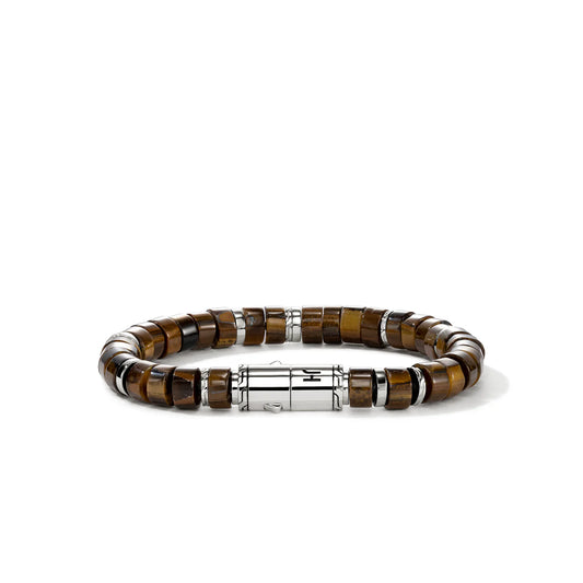 Heishi Bracelet with Pusher Clasp with 8mm Tiger Eye Beads, Size UL in Silver