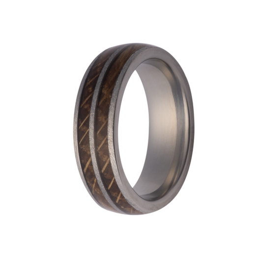 Maharaja Collection Rustic 7mm Titanium Dome Wedding Band with Whiskey Barrel Wood Inlays
