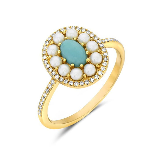 Maharaja Collection Round Diamond, Fresh White Pearl and Turquoise Halo Ring in 14K Yellow Gold (0.76ctw)