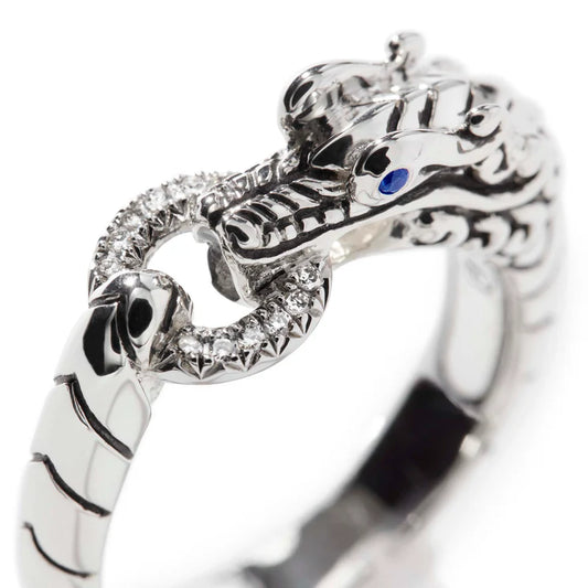 Naga Heritage Silver Diamond Pave Dragon Head Ring with Blue Sapphire Eyes Size 7 in Silver (0.04ctw)