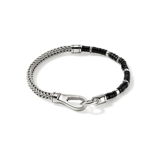 Heishi Silver Bracelet on 4.5mm Chain with 4mm Treated Black Onyx Beads with Hook Clasp Size UL