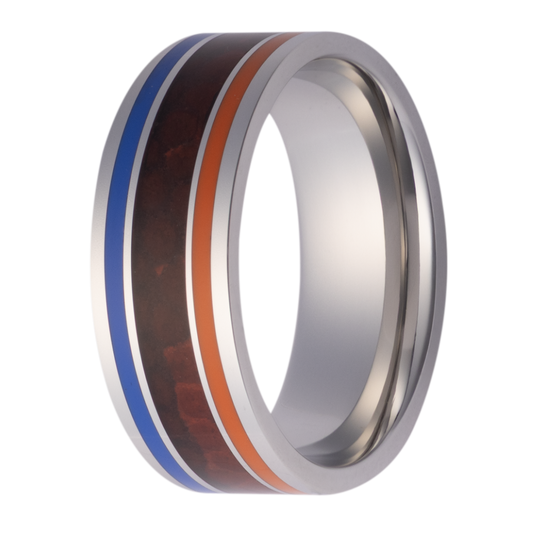 Maharaja Collection Flat Ring with Auburn Orange & Navy Epoxy Football Inlays in Silver (size 10)