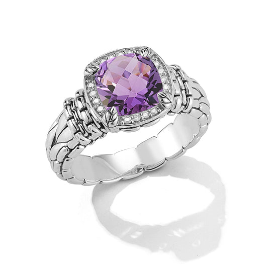 Maharaja Collection Cushion Amethyst Diamond Ring in Sterling Silver (0.06ct)