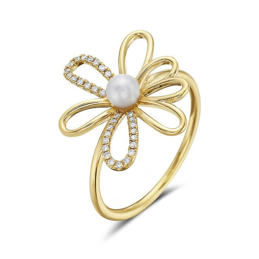 Maharaja Collection Round Diamond and Freshwater White Pearl Illusion Ring in 14K Yellow Gold (0.08ctw)