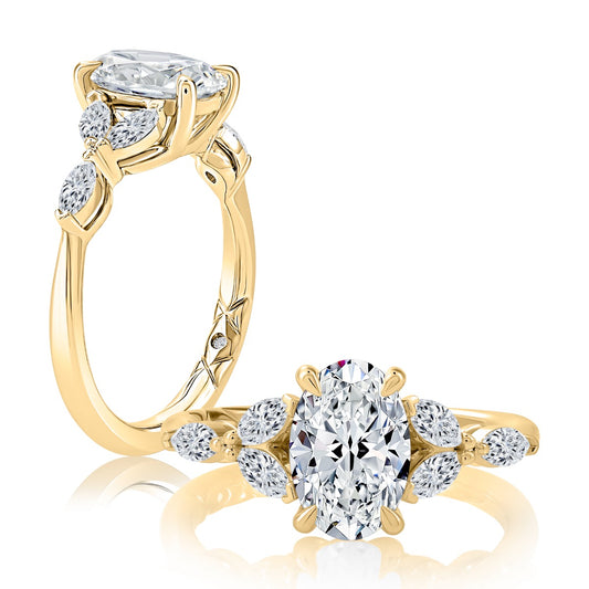 Maharaja Collection Oval Diamond Semi-Mount Engagement Ring with Marquis Accents in 14K Yellow Gold