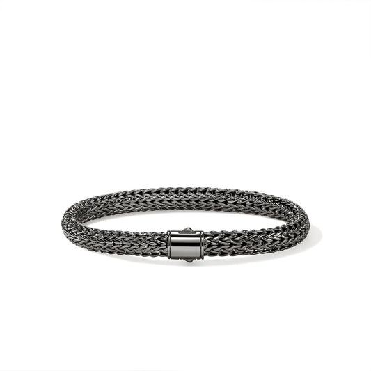 Icon Silver Small Bracelet with Pusher Clasp with Black Rhodium, Size UL