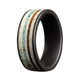 Maharaja Collection Black Ceramic Flat Matte Ring with Elk Antler, Crushed Blue Turquoise, Iron Wood Inlay in Other Metal (1.5tcw)