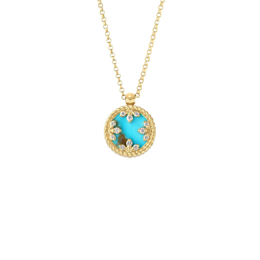 Maharaja Collection Turquoise, Mother Of Pearl & Diamond Doublet Necklace in 18K Yellow Gold (0.05ctw)