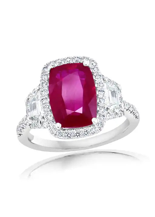 Maharaja Collection Ruby and Diamond Halo Ring in Platinum (4.07ctw)