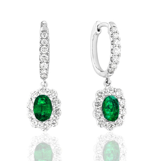 Maharaja Collection Emerald and Diamond Halo Earrings in 18K White Gold (1.72ctw)
