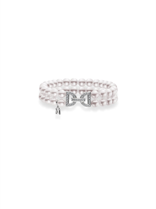 Mikimoto Akoya Cultured Pearl Double Row Bracelet with Diamond Clasp (0.47ct) in 18K White Gold