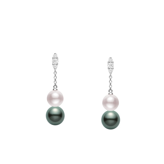 Mikimoto Morning Dew Akoya and Black South Sea Cultured Pearl Earrings with Diamonds in 18K White Gold (0.19ct)
