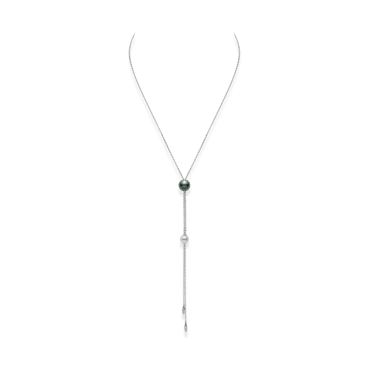 Mikimoto Pearls In Motion Akoya and Black South Sea Pearl Diamond Necklace with 8 Diamonds on a 28" Adjustable Chain (0.07ctw) in 14K White Gold