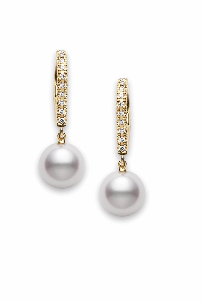 Mikimoto Akoya Cultured Pearl Lever Back Earrings in 18K Yellow Gold (0.08ct)