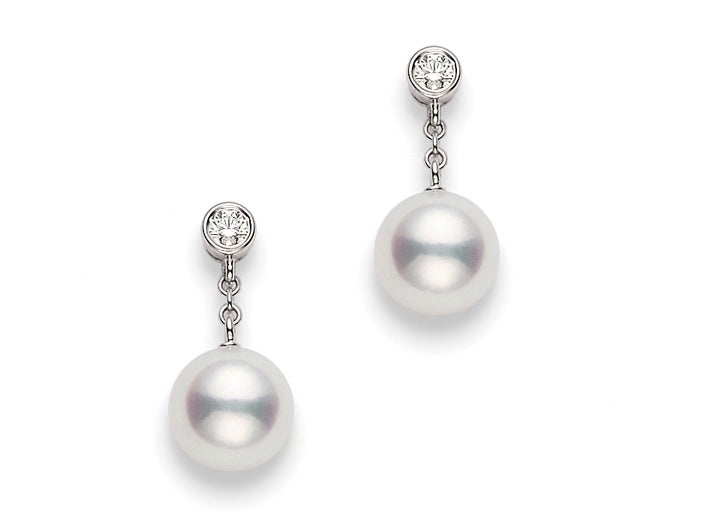 Mikimoto Classic Akoya Cultured Pearl and Diamond Drop Earrings in 14K White Gold (0.16tdw)