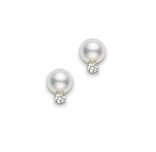 Mikimoto Round Diamond and Akoya Pearl Stud Earrings in 18K Yellow Gold (0.20ct)