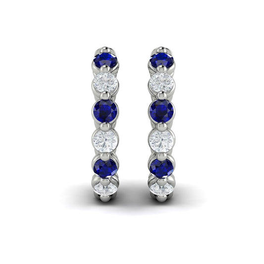Maharaja Collection Round Diamond and Blue Sapphire Twist Hoop Earrings in White Gold (0.78ct)