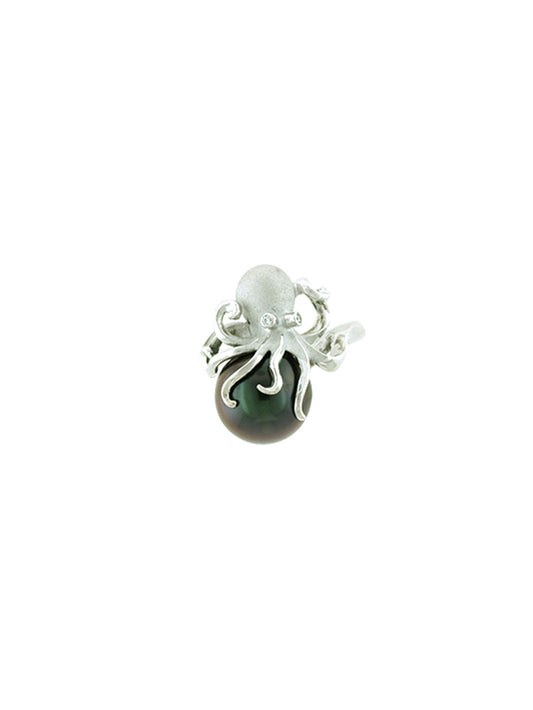 Maharaja Collection Tahitian Pearl Octopus Ring in 14K White Gold (0.01ct)